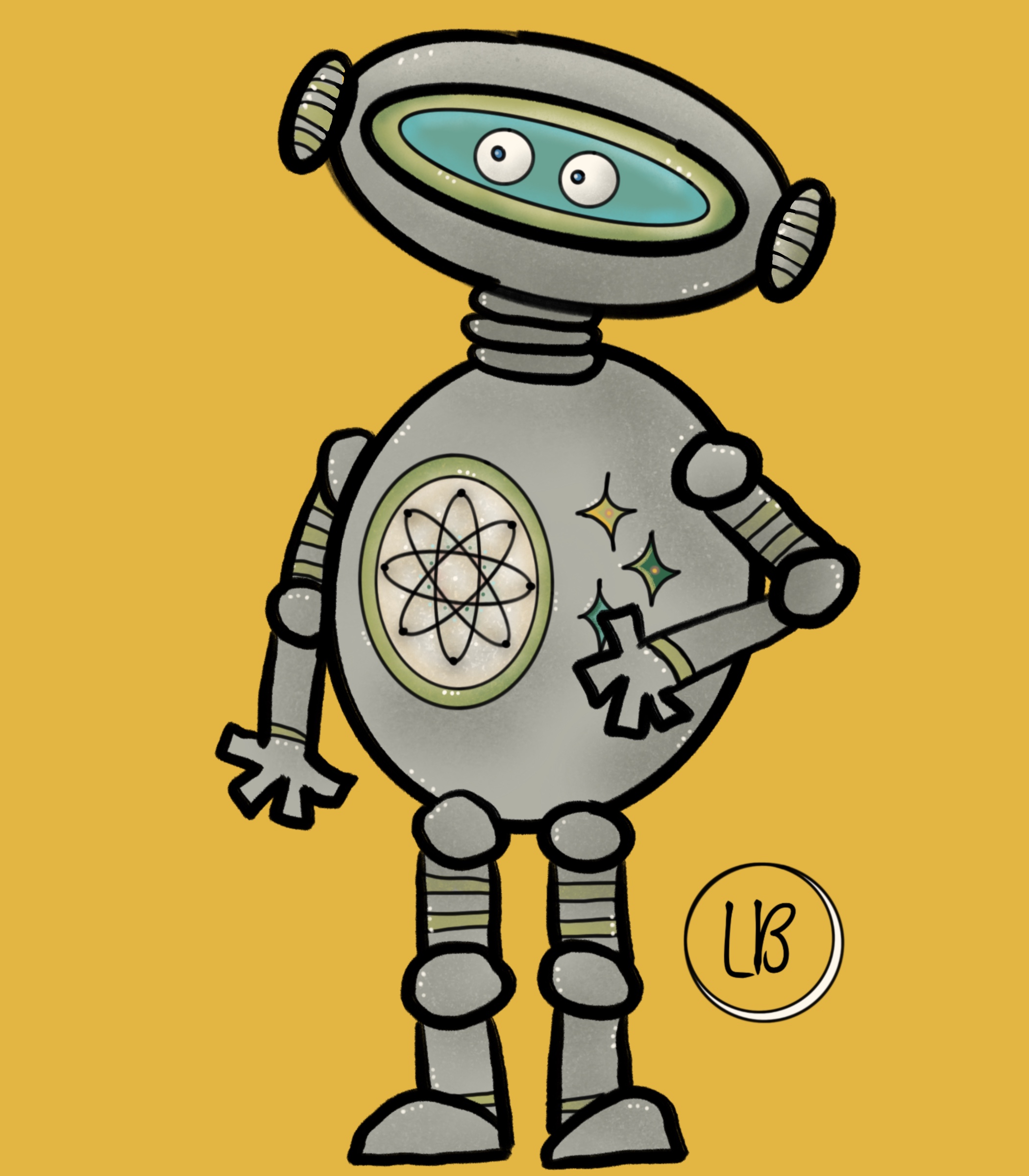 Digital illustration of a round robot with mid-century modern motifs on its chest gauges.